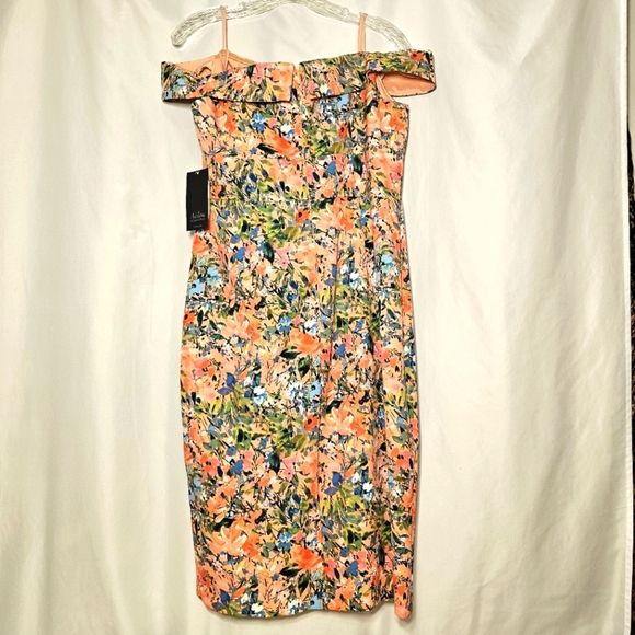 Aiden Mattox Pink Green Blue Floral Drop Shoulder Sheath Midi Dress 12 - Picture 5 of 11